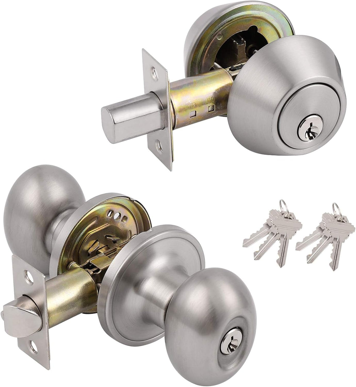 Satin Nickel Oval Door Knobs with Double Cylinder Deadbolts Combo Keyed Alike 3 Packs Q63114