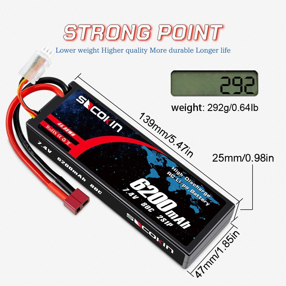 2 Pack 7.4V 2S 6200mAh 80C Hard Case Lipo Battery with Deans T B53237