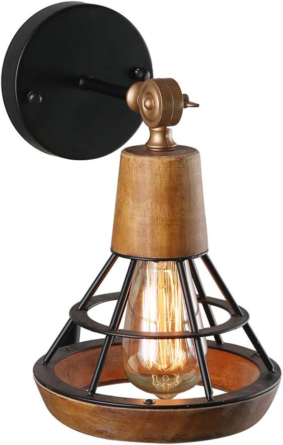 Conical Industrial Wood Wall Sconce with Cage Shade, 1-Light, Brown B349