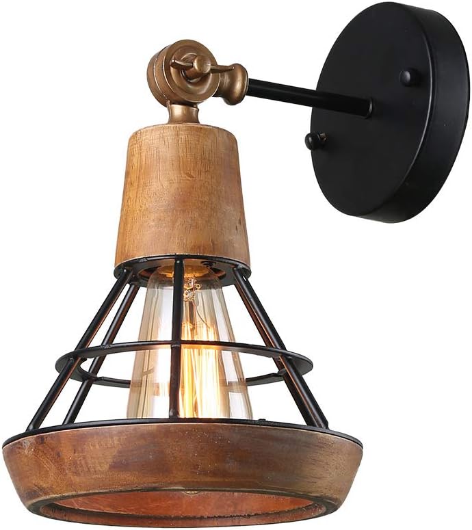 Conical Industrial Wood Wall Sconce with Cage Shade, 1-Light, Brown B349