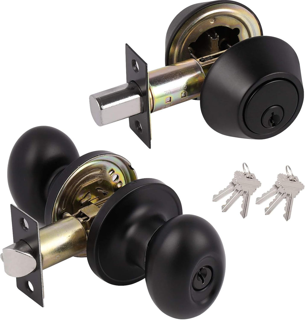 Satin Nickel Oval Door Knobs with Double Cylinder Deadbolts Combo Keyed Alike 3 Packs Q63114