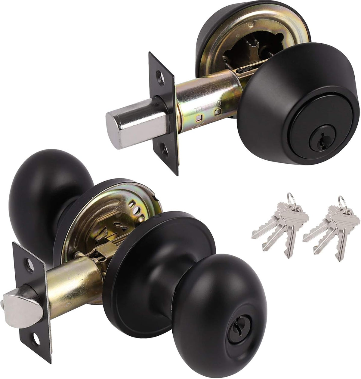 Satin Nickel Oval Door Knobs with Double Cylinder Deadbolts Combo Keyed Alike 3 Packs Q63114