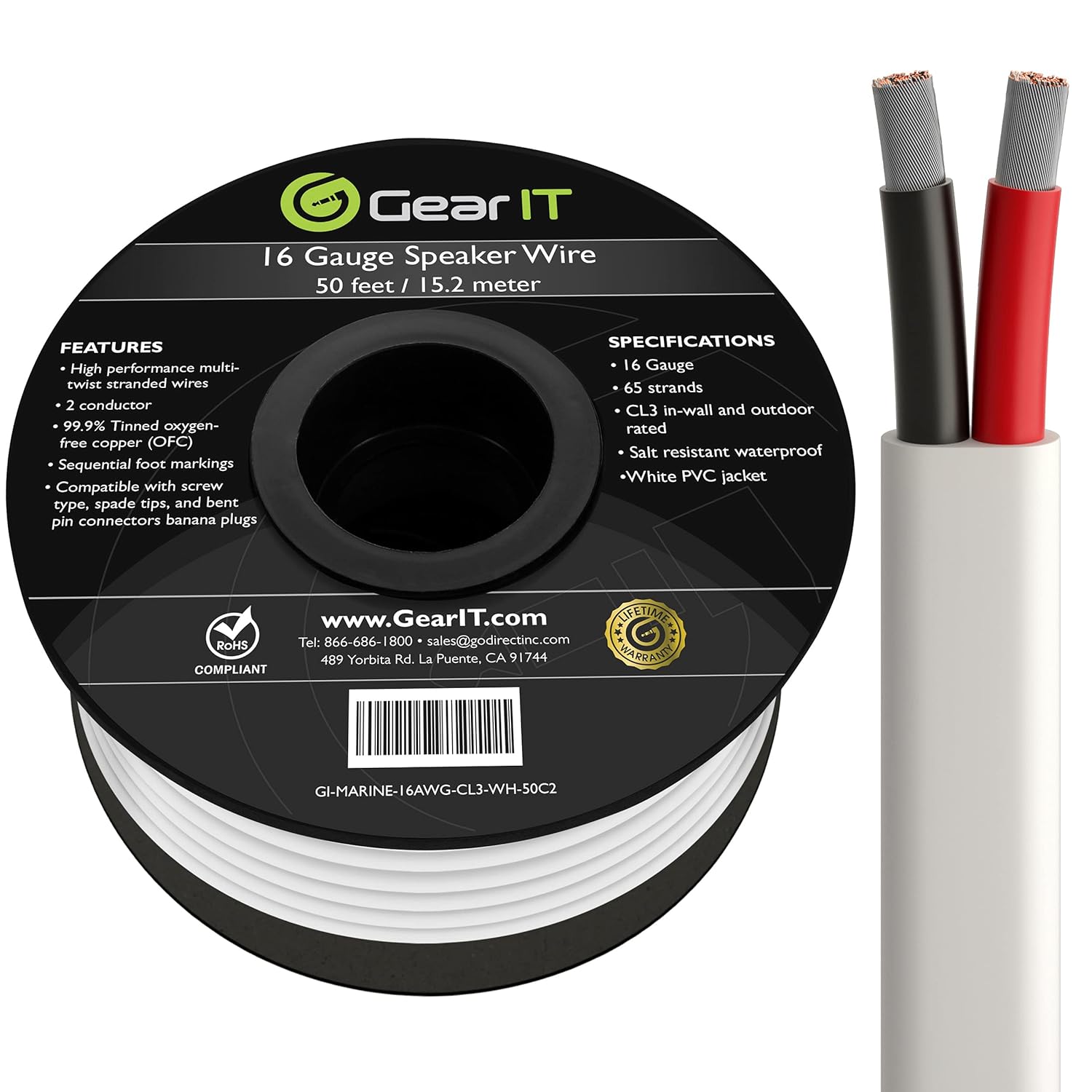 16AWG Tinned OFC Copper Marine Grade Speaker Cable, White 200ft B564521