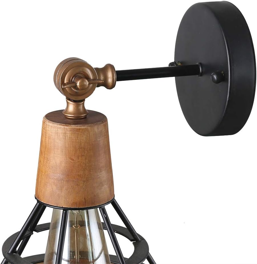 Conical Industrial Wood Wall Sconce with Cage Shade, 1-Light, Brown B349