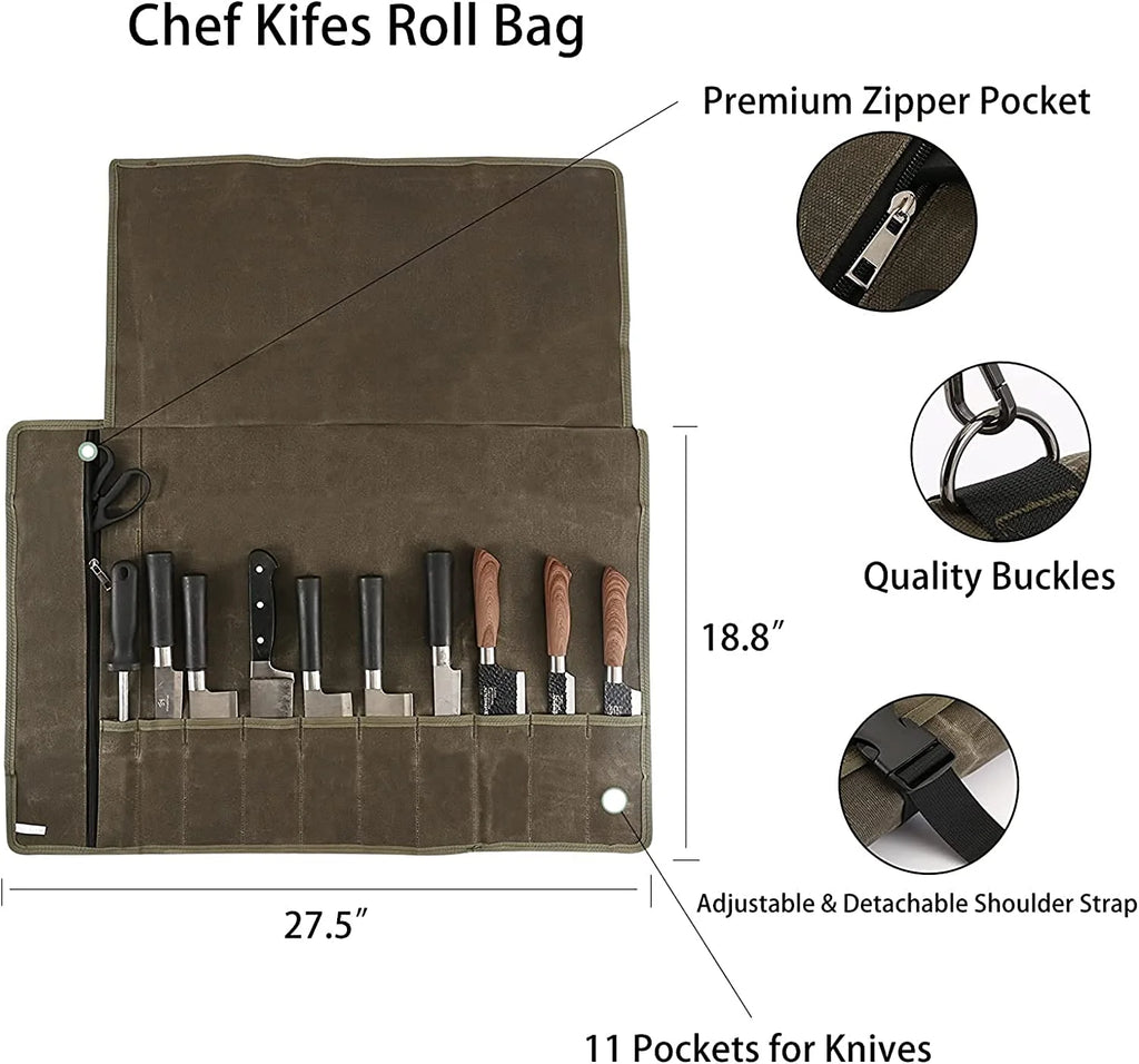 Waxed Canvas Knife Roll Bag with 10 Slots Plus 1 Zipper Pocket J87413