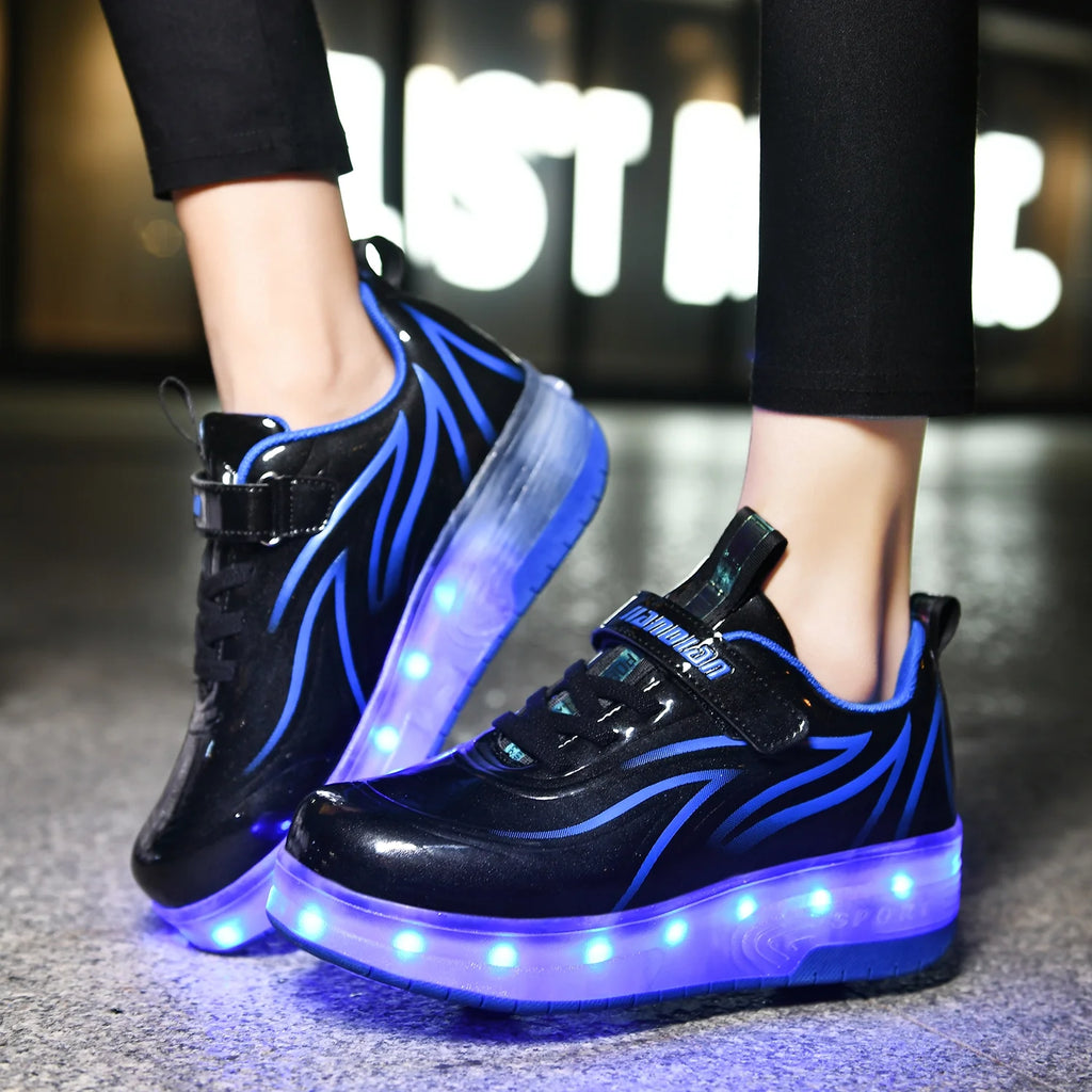 Kids Roller Skates LED Light Up Shoes 2 Wheel Skate Sneaker T8777